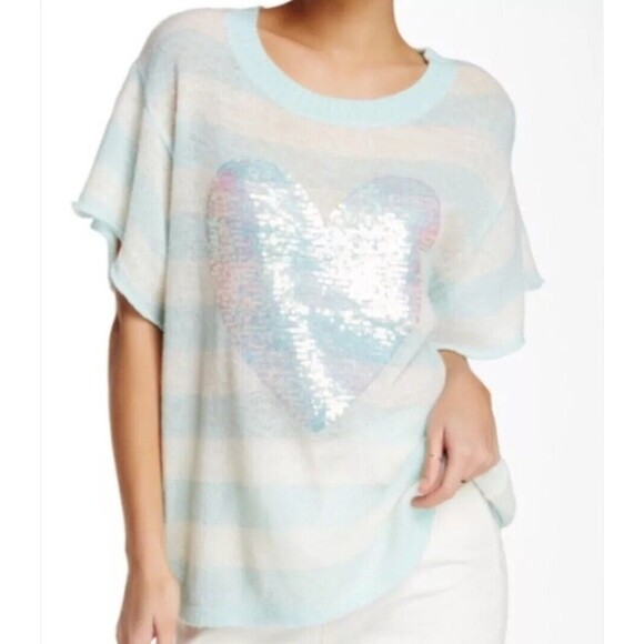 Wildfox White Label Striped Sequin Heart Short Sleeve Sweater Size Small S Blue - Picture 3 of 12